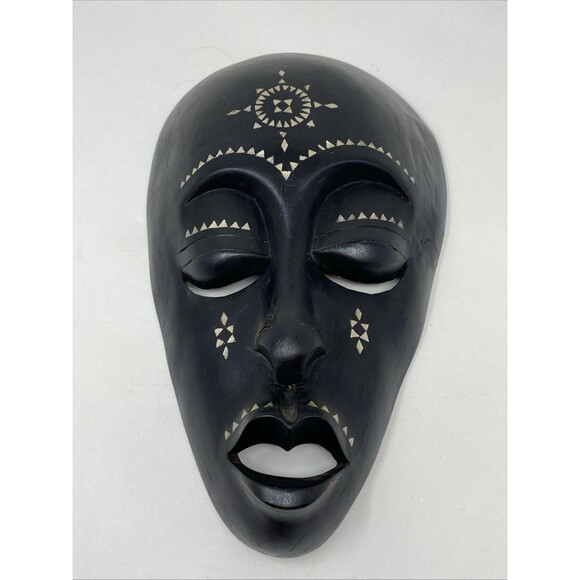 Vintage Large Indonesian Wood Tribal Mask Art Mother of Pearl Inlay 13" - Picture 1 of 7